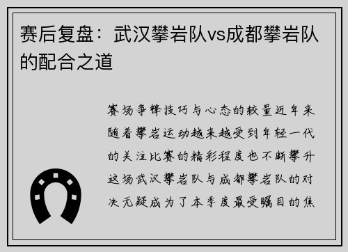 赛后复盘：武汉攀岩队vs成都攀岩队的配合之道