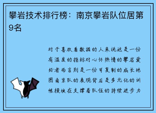 攀岩技术排行榜：南京攀岩队位居第9名