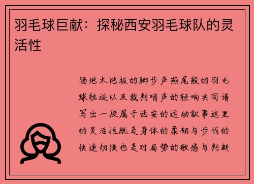 羽毛球巨献：探秘西安羽毛球队的灵活性
