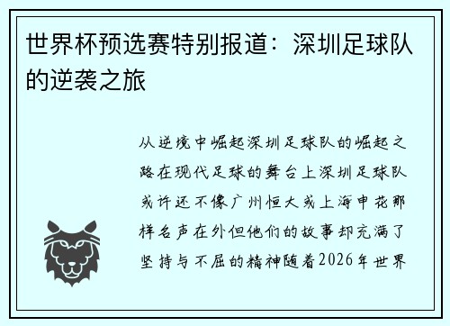 世界杯预选赛特别报道：深圳足球队的逆袭之旅